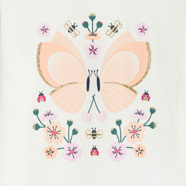 تيشيرت من القطن بأكمام طويلة، مزين برسوم الفراشات، باللون الأبيض للفتيات الصغيرات